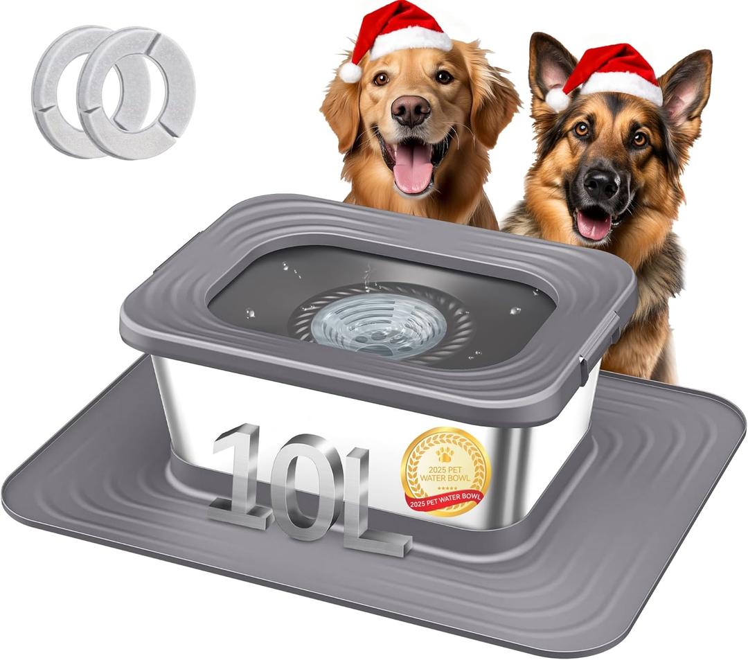 Decflow 10L Stainless Steel Dog Water Bowl, No Spill Anti-Splash Dog Bowls with XXL Silicone Mat, Spill-Proof Slow Feeder for Messy Drinkers, Heavy Duty Pet Bowls for Indoor/Outdoor Use Grey