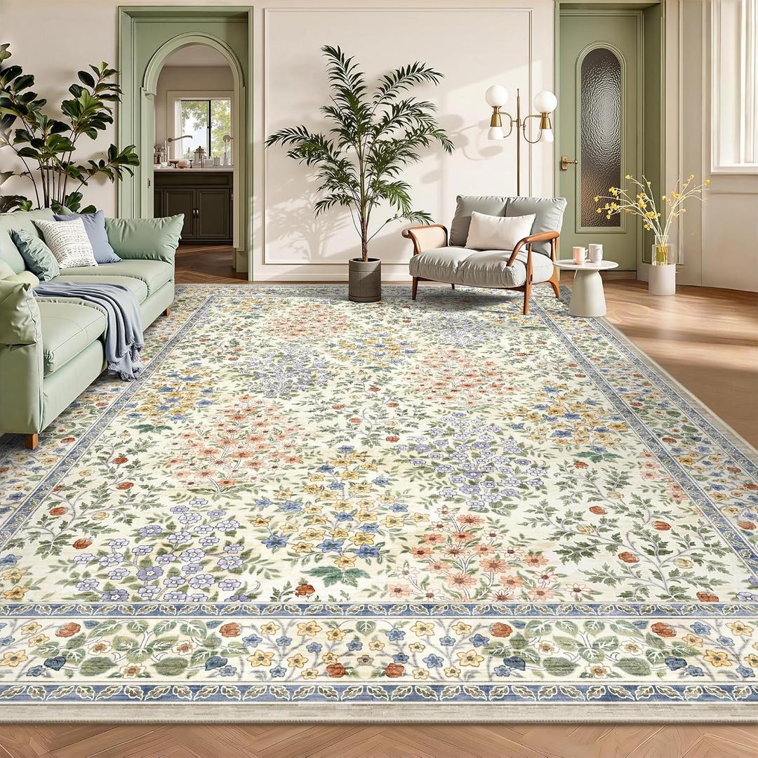 9x12 Area Rugs, Machine Washable Low Pile Floral Rugs for Living Room, Bedroom, Large Boho Area Rug with Non-Slip Backing for Dining Room(Beige Floral)