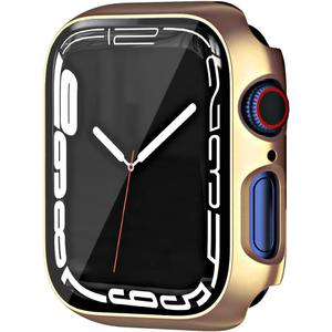 HANKN 45mm Hard Plated Case Compatible with Apple Watch Series 9 8 7 Tempered Glass Screen Protector, Full Coverage Shockproof Bumper Iwatch Cover (Gold)