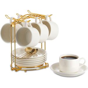 YOLIFE Espresso Cups with Saucers Set and Gold Metal Stand, 4oz Coffee Espresso Cups Set of 6, Ceramic Expresso Shots Cup with Stand & Saucers, White