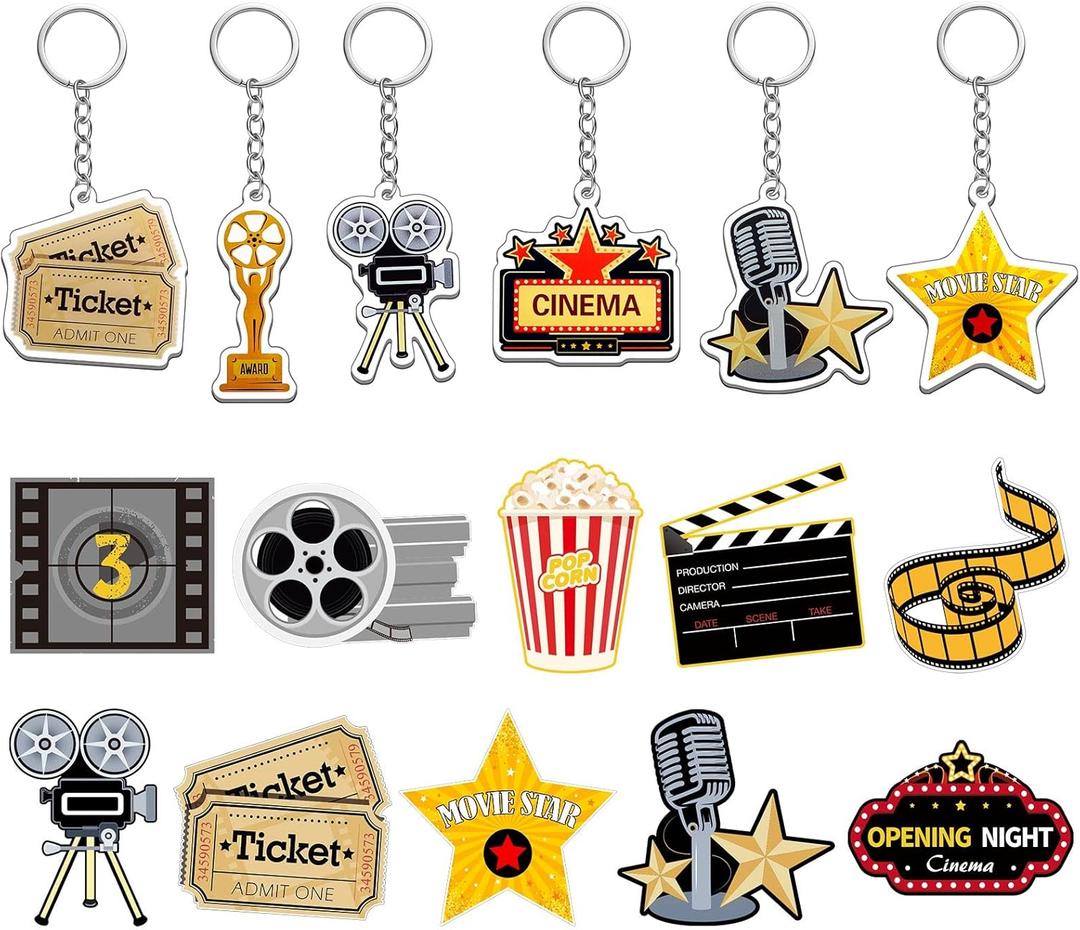 Taiyin 12 Pieces Movie Night Party Supplies Acrylic Movie Keychains Now Showing Party Supplies Camera Clapboard Microphone Ticket Film Keychain Souvenirs Gift Christmas Gifts
