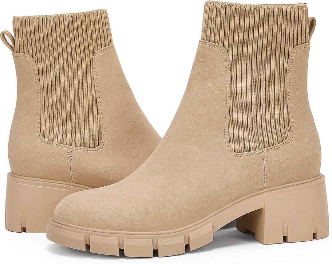 Ruanyu Womens Platform Ankle Boots Elastic Chunky Block Heel Chelsea Booties Lug Sole Non-Slip Combat Shoes (Beige)