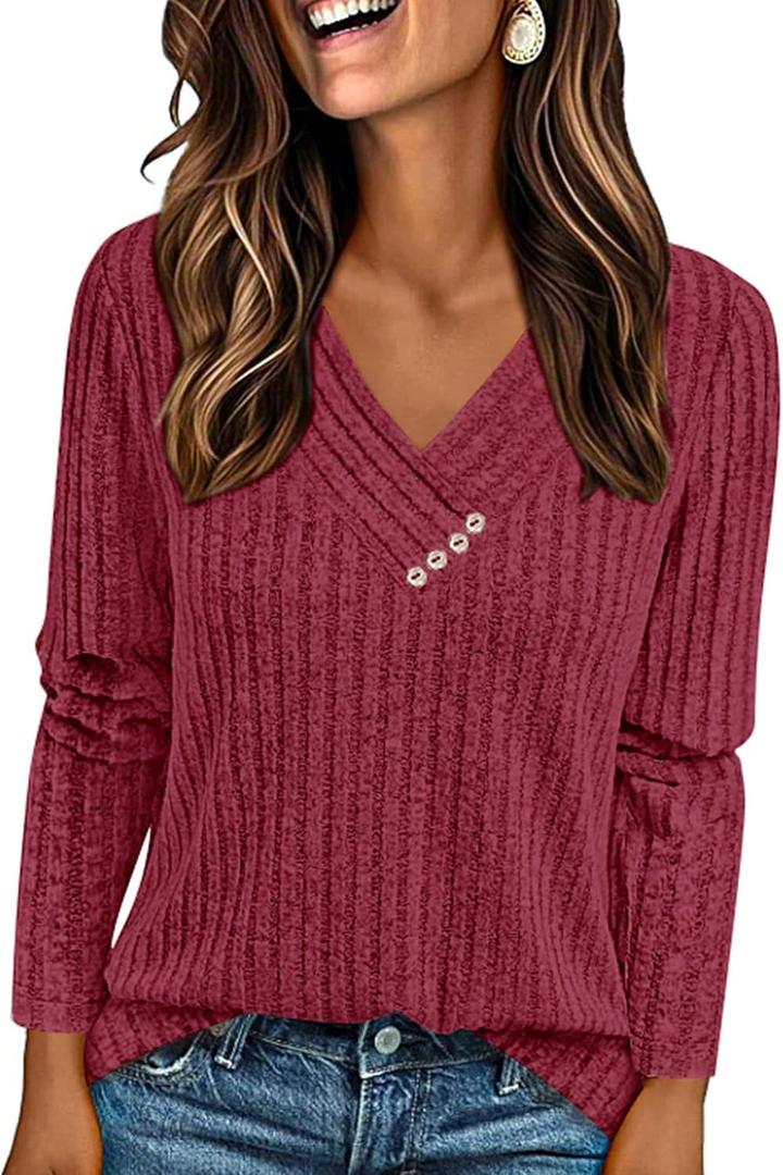 PRETTYGARDEN Women's Long Sleeve Shirts 2026 Fall Fashion Clothes Ribbed V Neck Spring Loose Tunic Tops Lightweight Sweaters (X-Large, Burgundy)