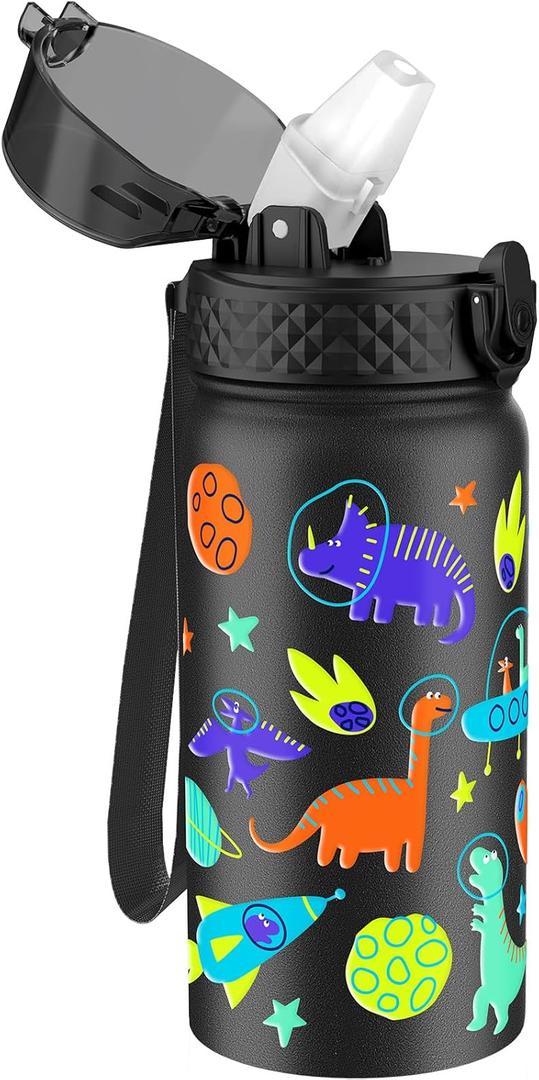 GOPPUS Kids Water Bottle (Straw Lid) - 14 Oz Stainless Steel Travel Bottle, Double Wall Vacuum Leak Proof Kids Cup for School Boys Girls,Space dinosaur