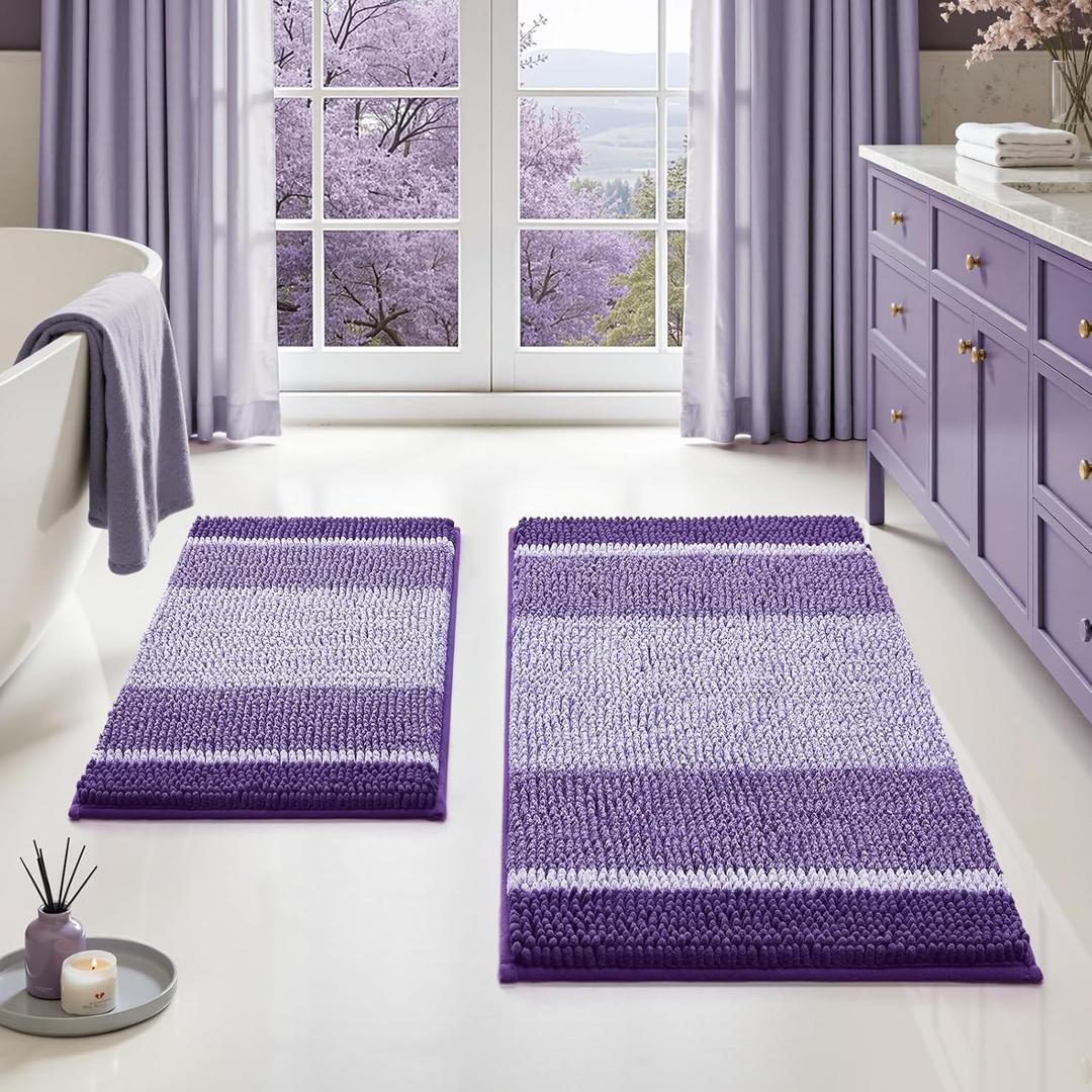 HOMEIDEAS Purple Bathroom Rugs Set, 2 Piece Thick Absorbent Fluffy Striped Chenille Bath Rugs, Non Slip, Soft Shaggy Bath Mats for Purple Bathroom Decor, 20" x 32" Plus 17" x 24"