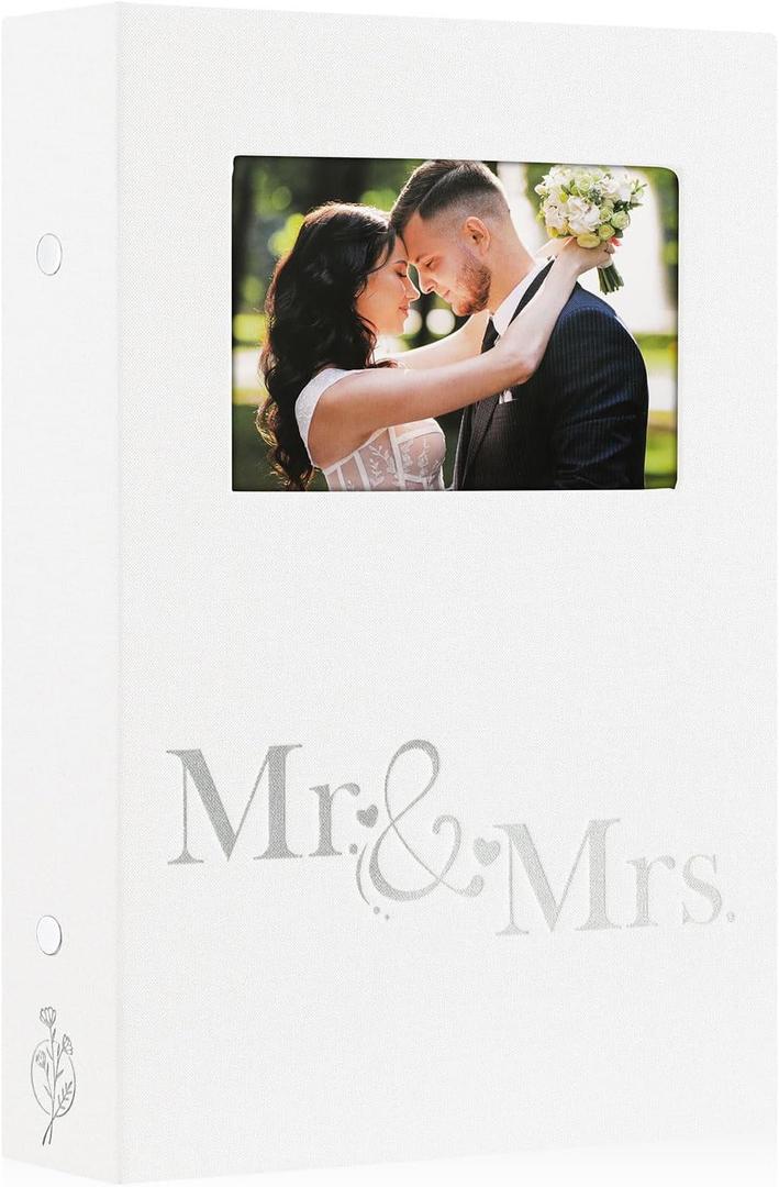 Lanpn Wedding Photo Album 4x6 300 Pocket Photos Slip in, Linen Cover Large Capacity Newlywed Marriage Window Album Hold 300 Horizontal Photos (Mr & Mrs, White)