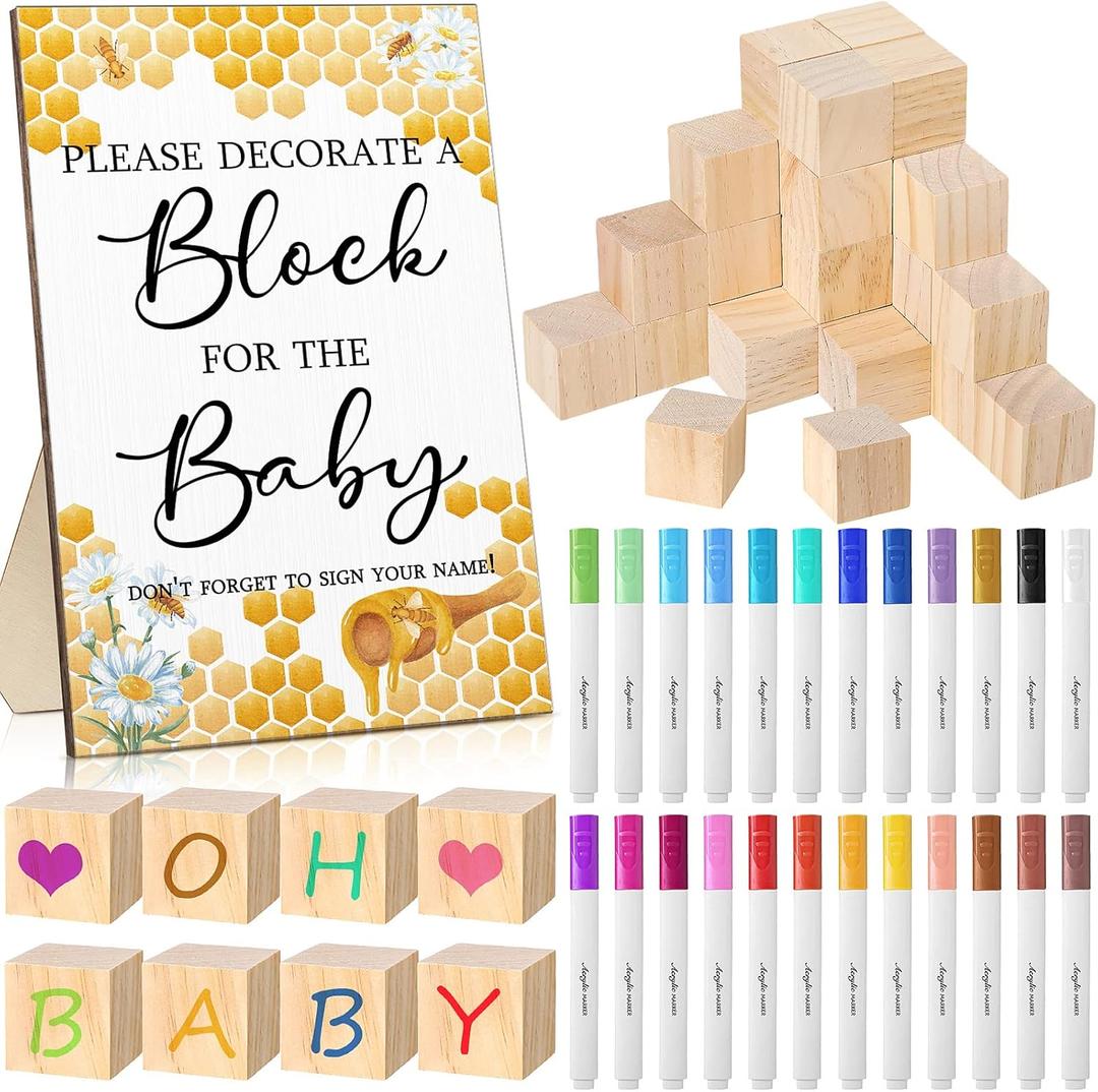 Tatuo 75 Pcs Baby Shower Block Games Here Comes The Son Baby Shower Decor 50 Blank Wooden Blocks 1 Decorate a Block Sign and 24 Paint Markers Party Decorations Activities for Guests(Bee)