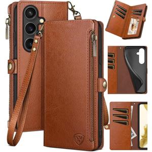 XcaseBar Compatible with Samsung Galaxy S25 Wallet case with Zipper Credit Card HolderRFID Blocking,Flip Folio Book PU Leather Phone case Shockproof Cover Women Men for Samsung S25 case Light Brown