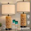 GyroVu Rattan Table Lamp Set of 2, Wicker Lamps, Dimmable Touch Seagrass Table lamp with 2 USB Ports and 1 AC Outlet for Bedroom Nightstand Table, Livingroom End Table, Bulbs Include