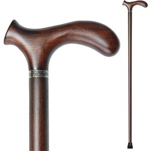 Wooden Walking Cane with 5 Height for Men and Women, Handmade Wood Cane with Comfort Grip Handle, Supportive Mobility Aid for Seniors, Fashionable & Classic Lightweight Stick (38inch, Walnut)
