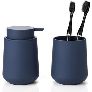 Matte Blue Bathroom Accessories 2 Piece Set Plastic Soap Dispenser and Toothbrush Holder for Modern Bathroom Decor