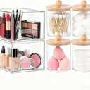 6 Pack Clear Stackable Storage Drawers & Qtip Holder Dispenser with Bamboo Lids, Clear Plastic Storage Containers for Bathroom, Vanity, Undersink, Kitchen Cabinets, Pantry, Home Organization