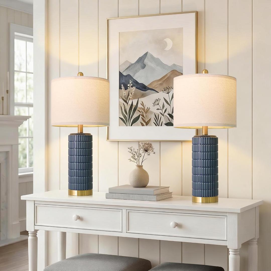 PoKat 25'' Blue Table Lamps for Bedroom Living Room Set of 2, Modern Ceramic Bedside Lamps with Gold Base for Office Sideboard Entryway Side End Table Nightstand Desk Lamps Home Gift (Dark Blue)