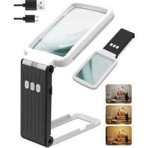 10X Magnifying Glass with Light and Stand, Rechargeable Folding Handheld Real Glass Magnifier, 3 Color Modes Dimmable Lighted Page Magnifying Sheet for Seniors Low Vision Small Prints -Black White