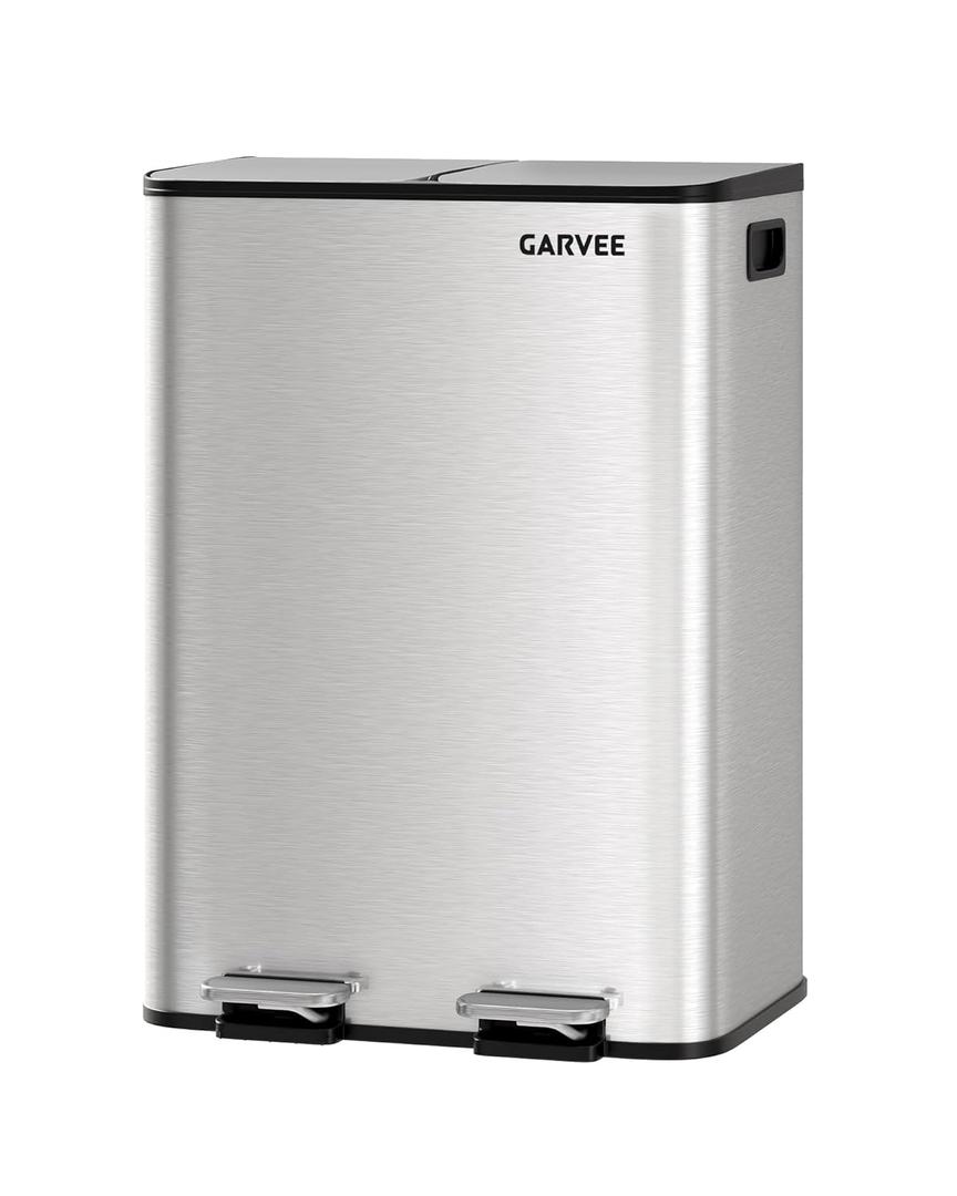 Garvee 2-in-1 Kitchen Trash and Recycle Combo, 30L (2 x 8 Gal) Stainless Steel Step Trash Can with Soft-Close Lid, Dual Compartment Garbage Bin for Kitchen