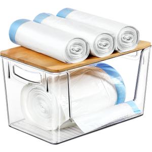 Qilinba Acrylic Garbage Bag Holder Dispenser with Bamboo Lid, Open Front Design, Clear Bins Organization and Storage for Kitchen, Cabinet, Under Sink, Pantry