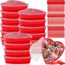 16 Sets Valentine's Day Heart Shaped Storage Containers 17 oz Plastic Heart Box with Lids Food Containers Dessert Cups Disposable Spoons Forks Knives for Party Wedding Supplies