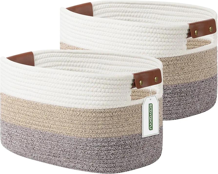 Cotton Rope Basket, Storage Baskets with Handle, 15x10x9 Inch Woven Basket for Shelves, Laundry, Towels, Clothes, Books, (Gradient Brown 2 Pack)