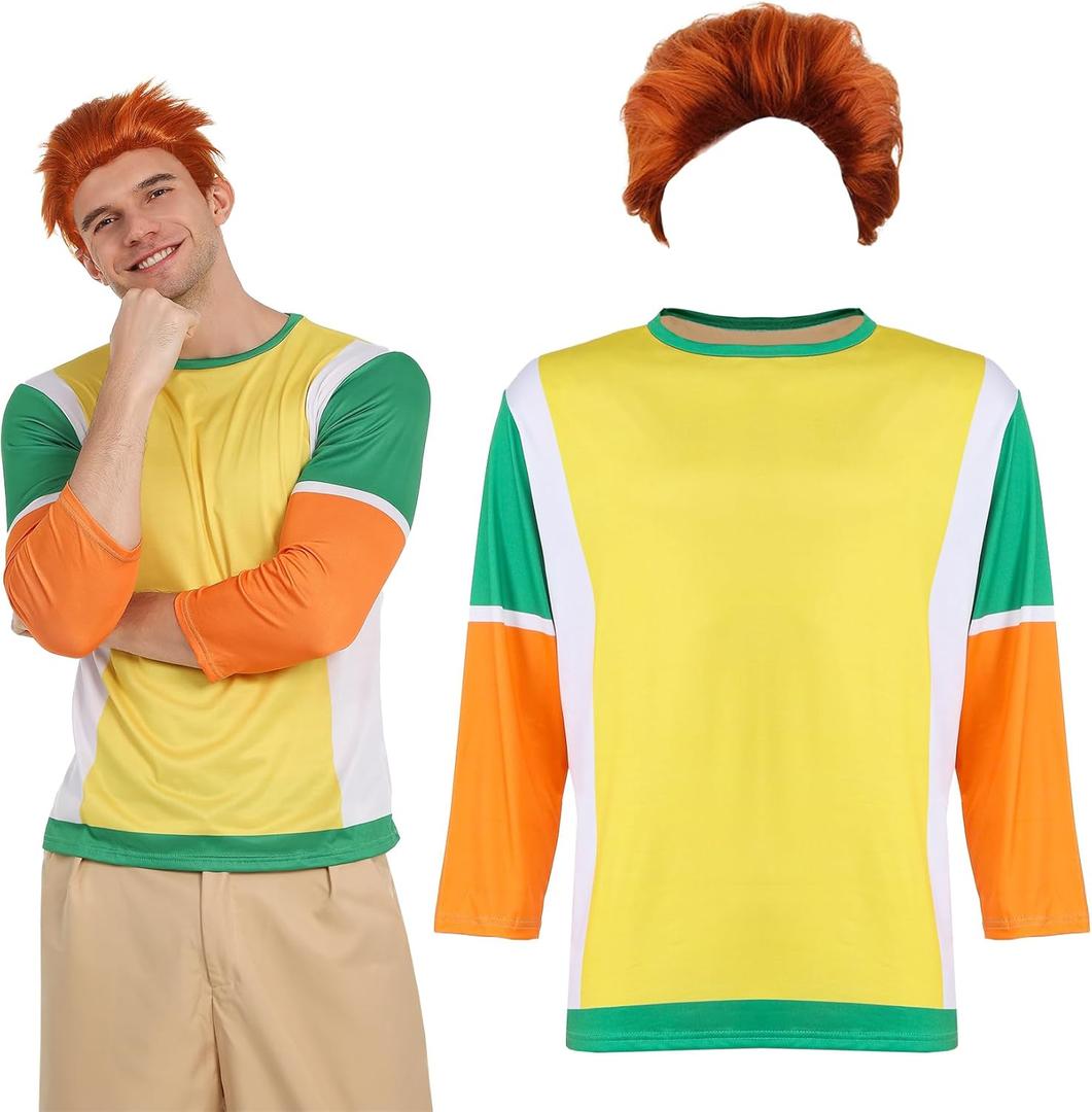 Halloween Hotel Costume Set yellow and Green T Shirts Orange Short Wig for Adult Cosplay Party (X-Large)