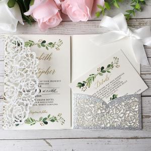 5.1 x7.1 inch 50PCS Blank Silver Glitter Laser Cut wedding invitations with Envelopes & Hollow Rose Pocket With Ribbon & RSVP Invitation for Wedding Quincenera Invite