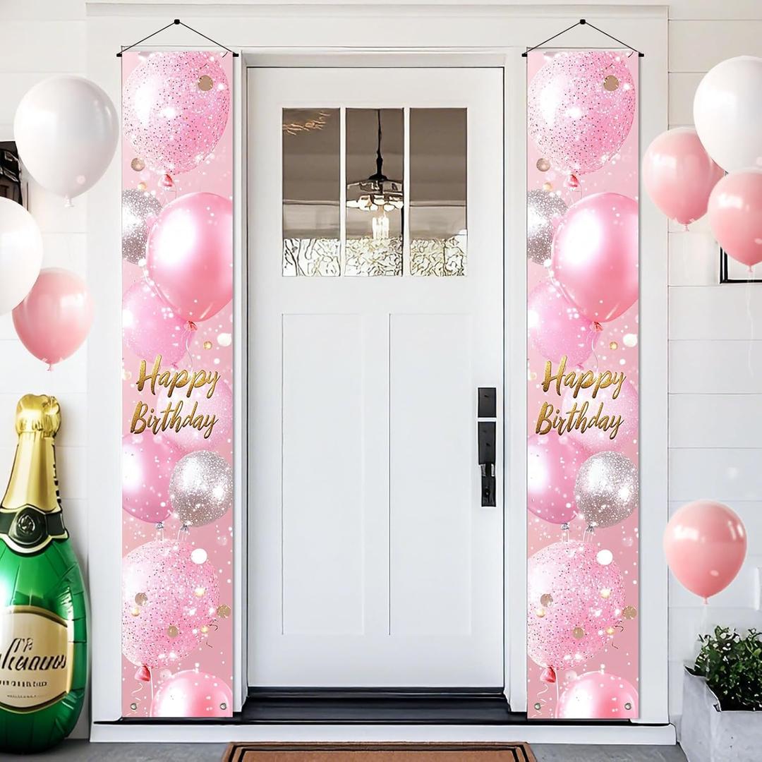 BlissYard Birthday Door Banner 12x72 Inch Pink Balloon Sign with Gold Letter Happy Birthday Silver Glitter Balloons Confetti Sparkle Design for Indoor Outdoor Wall Party Decoration Hanging Display