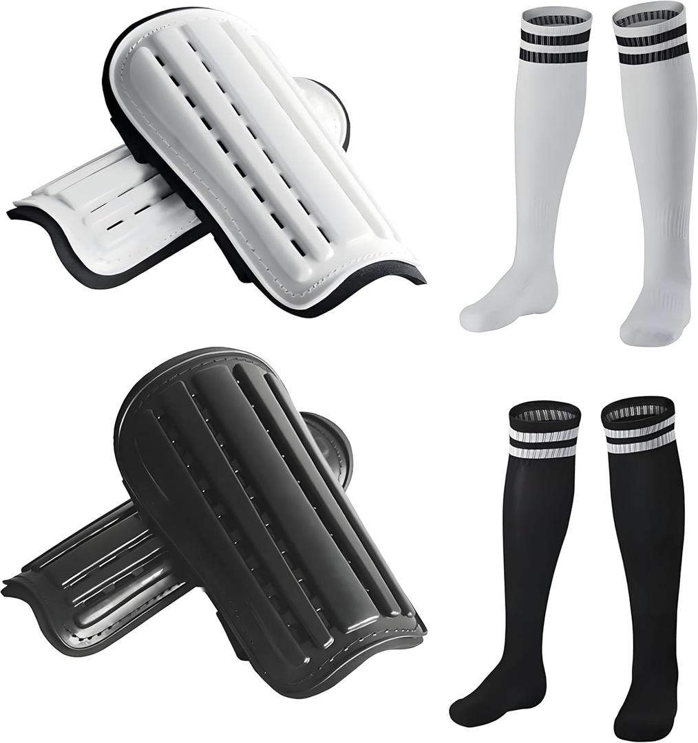 2 Pairs Soccer Shin Guards & 2 Pairs Soccer Socks for Adults and Teenagers, Protective Gear Soccer Equipment for Kids, Boys, Girls (Small)