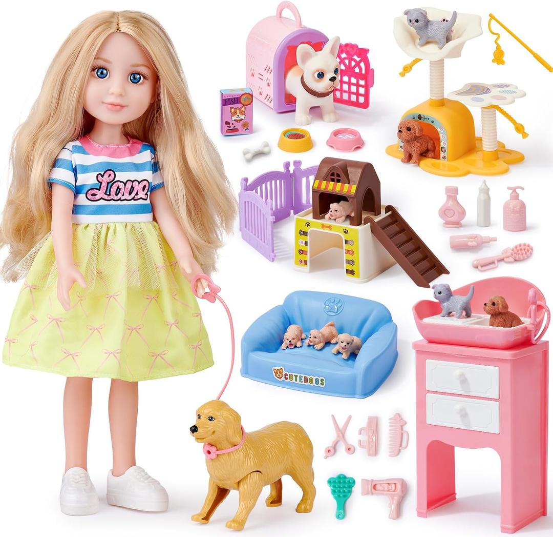 Golray 14'' Doll Pet Playsets for Girls Toy30+Pcs Pretend Play Interactive Dog Pet Accessories with Carrier/ Sink/ Sofa, First Toddlers Blonde Doll Set, Birthday for Girl Ages 4 5 6 7