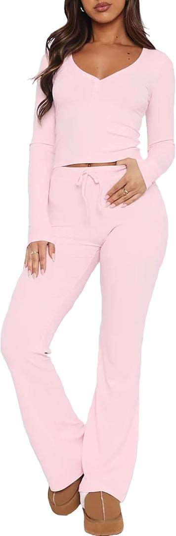 Womens 2 Piece Lounge Sets Long Sleeve Crop Tops V Neck Flare Pants Set Fall Y2k Casual Outfits (Medium, Pink)