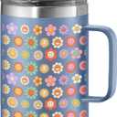 Oggi ThermoMug Stainless Steel Insulated Mug- Double Wall Vacuum Insulated w/Handle & Lid, Coffee Cup, Camping Mug, Travel Thermos, 14oz(420ml), Happy Flowers