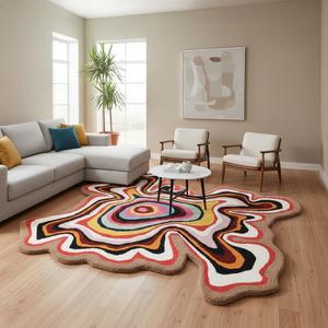 Handmade Irregular Shape Wool Area Rug | Modern Colourful Abstract Wave Design with Throw Illusion Pattern Carpet for Living Room Bedroom Dining Room & Home Decor (Multi, 4x4 ft)