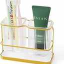 MYLDH Toothbrush Holders for Bathrooms, Toothbrush Holder Wall Mounted, Kitchen Utensil Holder, 2 Cups Dry & Wet Separation, Kitchen Bathroom Tooth Brush Holder Organizers and Storage (White Gold)