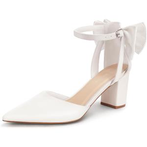 Womens Closed Pointed Toe Heels with Bow Low Chunky Block Heel Ankle Strap D'Orsay Pumps Bridal Wedding Dress Shoes, size 9