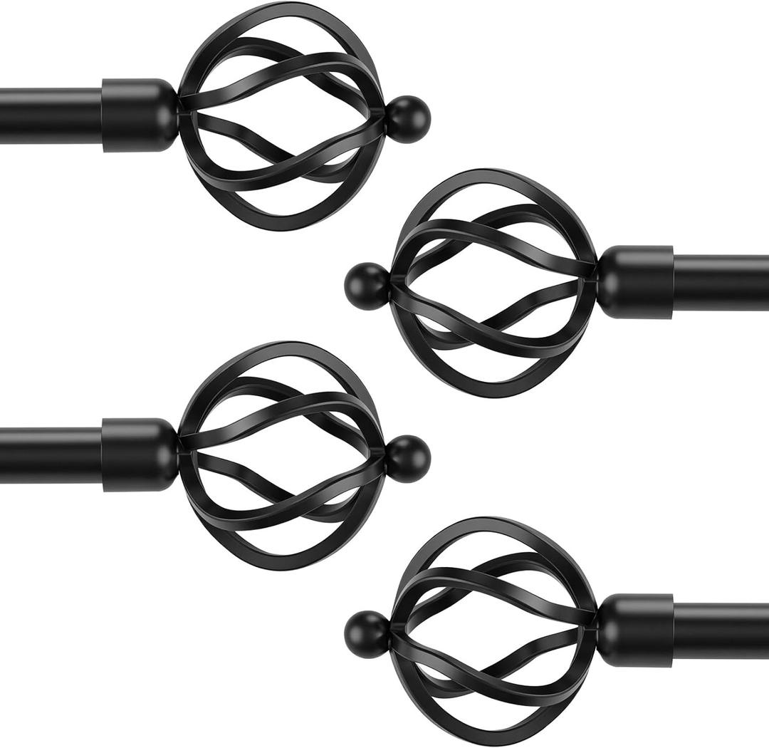 KNOBWELL Window Curtain Rod 3/4" Diameter, Black Curtain Rod with Twisted Cage Finials, 22-42" Adjustable Rods, 4 Pack