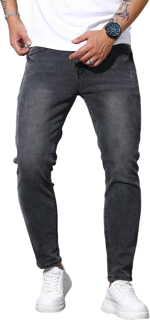 Mens Womens Lightweight Slim Fit Stretch Ripped Jeans Summer Spring Distressed Destroyed Denim Pan Skinny Jeans (X-Large, A10 Black)