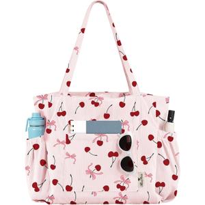 Large Corduroy Tote Bag for Women - Cute Shoulder Reusable Canvas Bags with Zipper Multi-Pocket for School