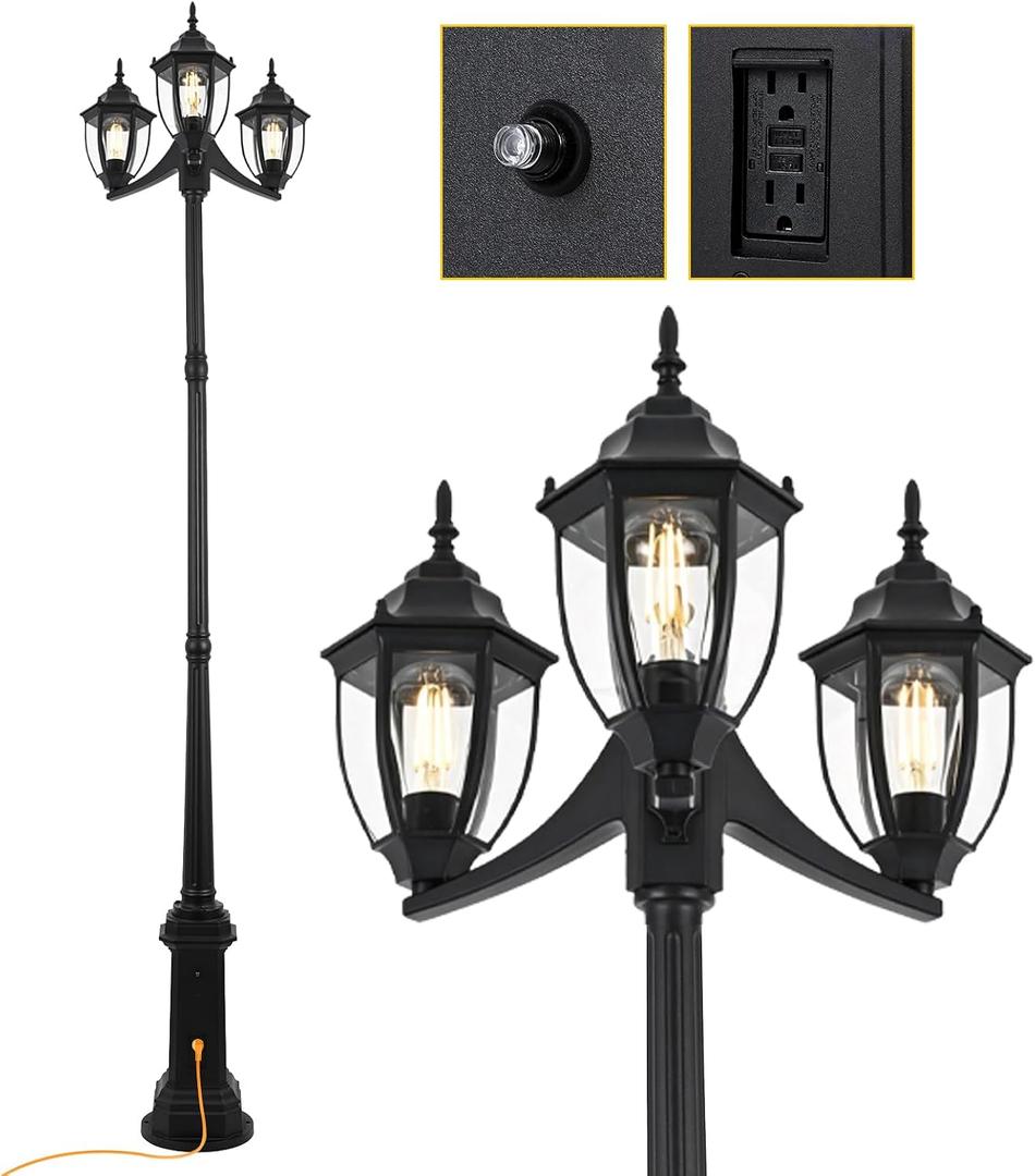 3-Head Outdoor Post Lights, 84" Dusk to Dawn Sensor Pole Lamp, Waterproof Floor Lamps, Outlet Gfci Pathway Lights for Garden, Lawn, Yard