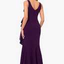 Betsy & Adam Women's V-Neck Hi Low Sleeveless Floor Length Cascade Dress with Draped Ruffle, Mulberry, 14