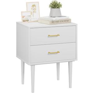 26 H White Nightstand with 2 Drawers, Small Night Stand with Gold Handles, Bedside Table with Solid Wood Legs, Tall Nightstands for Bedroom