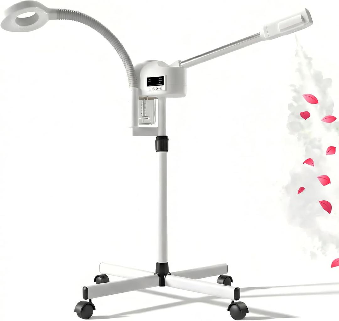 Facial Steamer Professional, Facial Steamer with Magnifying Lamp for Esthetician, 2 in 1 Ozone Steamer for Face, Face Steamer for Facial Deep Cleaning, White.