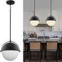 LOZOHOM 11.4inch Black Globe Pendant Lights, Mid Century Pendant Lights Kitchen Island with Milk Globe Glass Shade Adjustable Hanging Rod 1 Light for Dining Room Kitchen