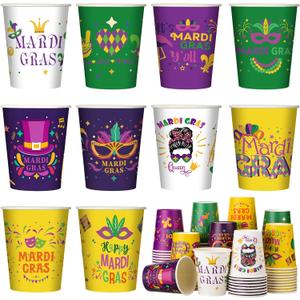 Fulmoon 100 Pcs Mardi Gras Disposable Cups 9 oz Paper Coffee Cups for Kids Adults Holiday Beverage Drinking Hot Tea Chocolate Mardi Gras Parade Party Supplies, 10 Styles