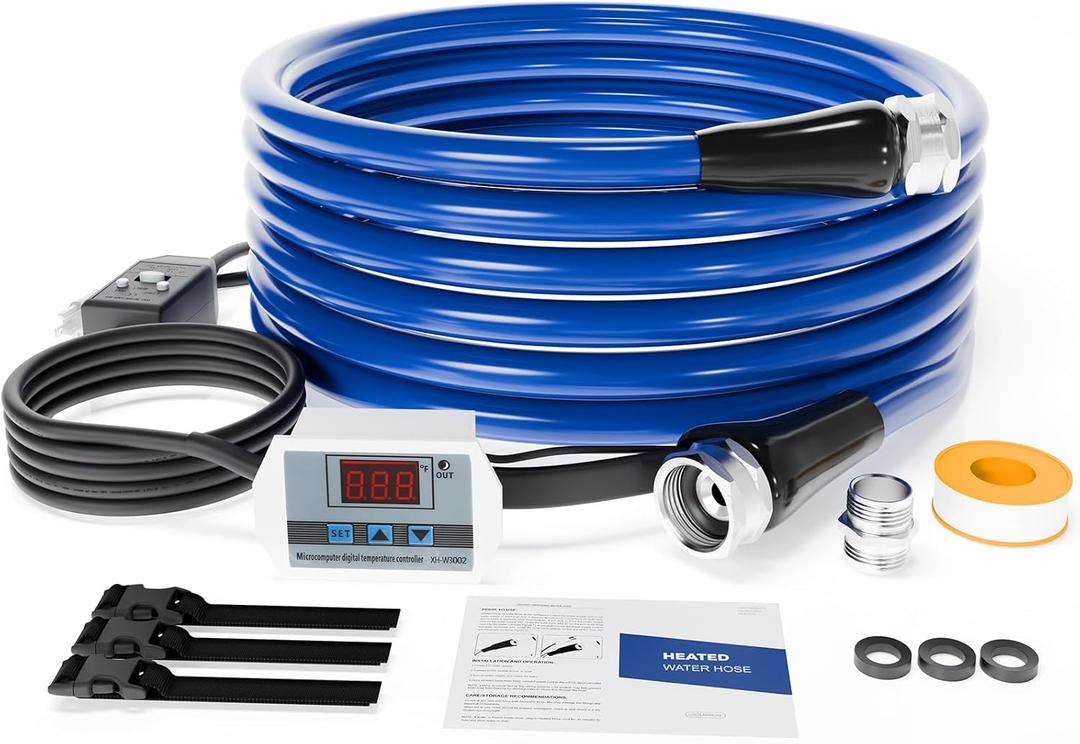 15 FT Heated Water Hose for RV, Heated RV Freshwater Hoses with Fittings, -45  Antifreeze Drinking Water Pipe, Automatic temperature shut-off for electrically heated Garden hoses, RV Accessories