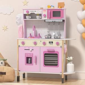 BIERUM Play Kitchen, Wooden Kids Kitchen Playset for Toddlers with Real Lights & Sounds, Height Adjustable Toys Kitchen with 30 Pcs Toy Food & Cookware Accessories (Pink)