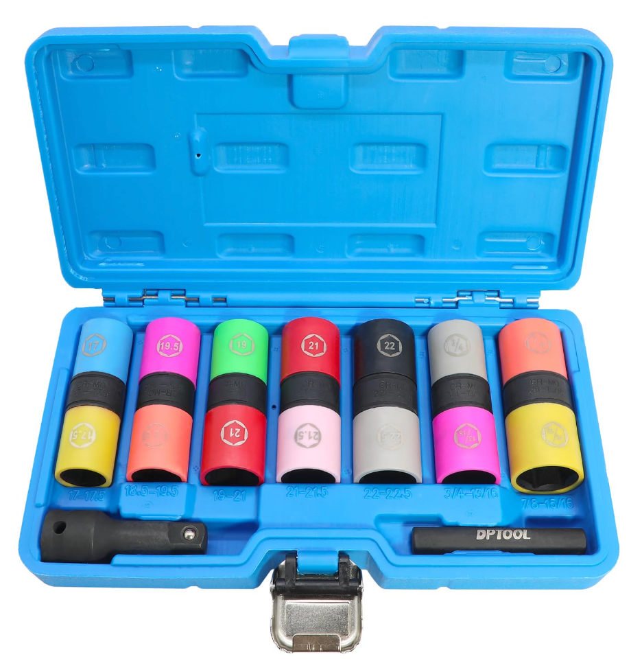 DPTOOL Half Size Lug Nut Socket Set 1/2 Drive Impact Flip Socket Set Metric 6 Point Non-Marring Thin Wall Double Ended Wheel Lug Nut Socket for Removal of Swollen, Dented and Deformed Lug Nuts