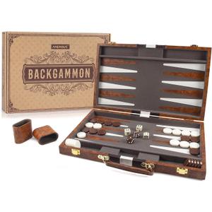 AMEROUS Backgammon Set, 15 Inches Classic Board Game with Leather Case, Folding Board, Gift Package, Portable Travel Strategy Backgammon Game Set for Adults, Kids (Medium, Brown)