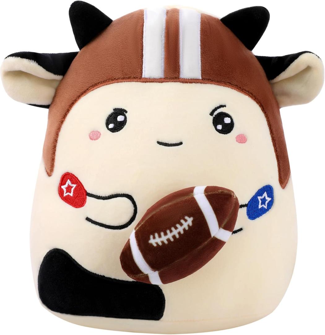 Cowdy Blitz Football Stuffed Animal, 8 Inch Plush Cow Toy in Helmet Holding Rugby, Cute Sport Plushie Pillow, Gifts for Kids Boys Girls, Room Party Sports Game Day Decor Birthday
