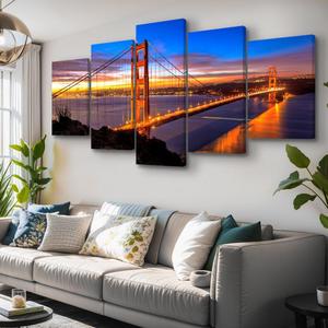 5 Piece San Francisco Blue Sky Golden Gate Bridge at Dusk Canvas Wall Art for Bedroom,Califonia Foggy Cityscape Painting Decor,Bracket Fixed Ready to Hang