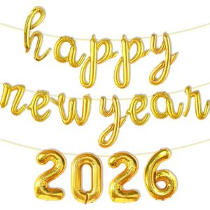 2026 New Years Balloons - 16 Inch Script Happy New Year Balloons - Gold Foil 2026 Balloon for 2026 New Years Eve Party Supplies - Happy New Year Decorations 2026