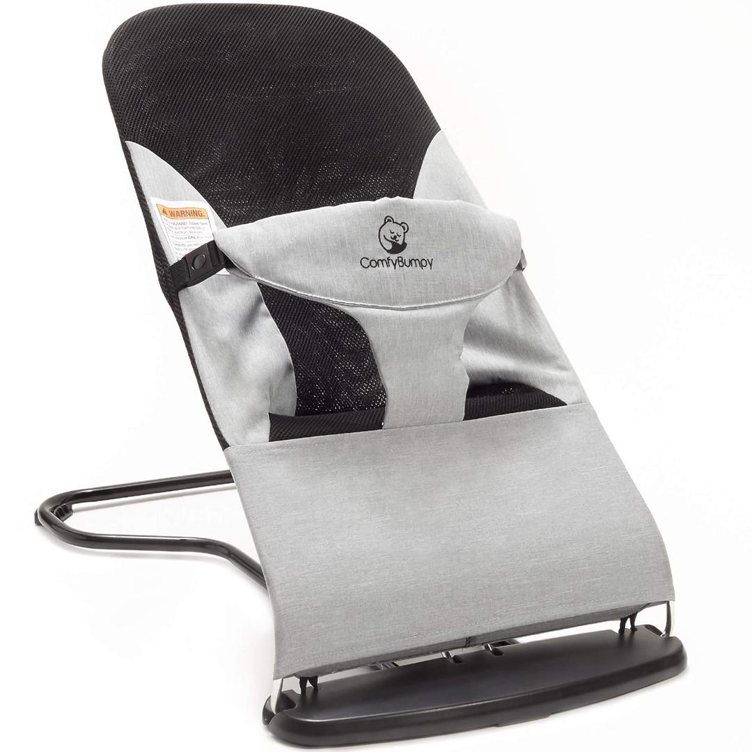ComfyBumpy Ergonomic Baby Bouncer Seat - Bonus Travel Carry Case - Safe, Portable Bouncing Chair with Adjustable Height Positions - Infant Bouncy Seat Perfect for Newborn Babies (Grey)