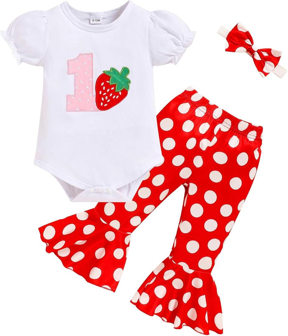 GRNSHTS Baby Girl Birthday Clothes First One Letter Short Sleeve Romper+Flared Pants+Headband 3Pcs Cake Smash Outfits (12-18 Months)